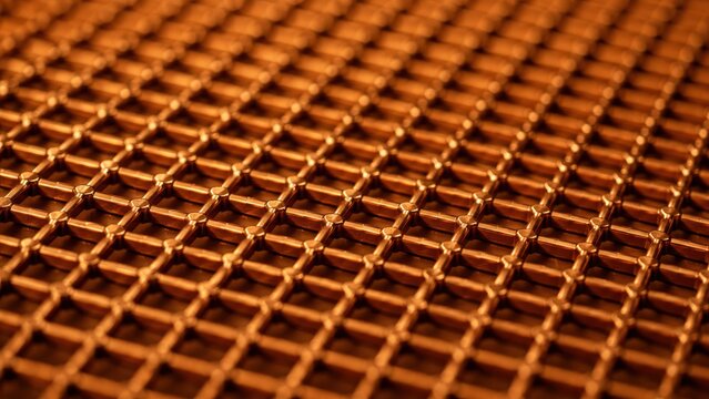 Abstract texture background of a metallic copper grid pattern with industrial design.