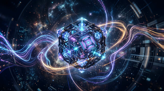 Cosmic Nexus: A highly detailed, geometric artifact pulsates with vibrant energy at the center of a swirling nebula, representing advanced technology and the mysteries of the universe.