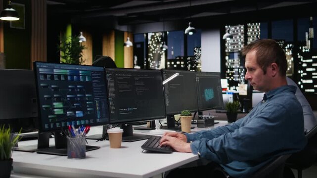 Admin in office waiting for code to finish compiling, developing machine learning models to automate tasks. Impatient startup worker bored while writing programming language scripts on PC.