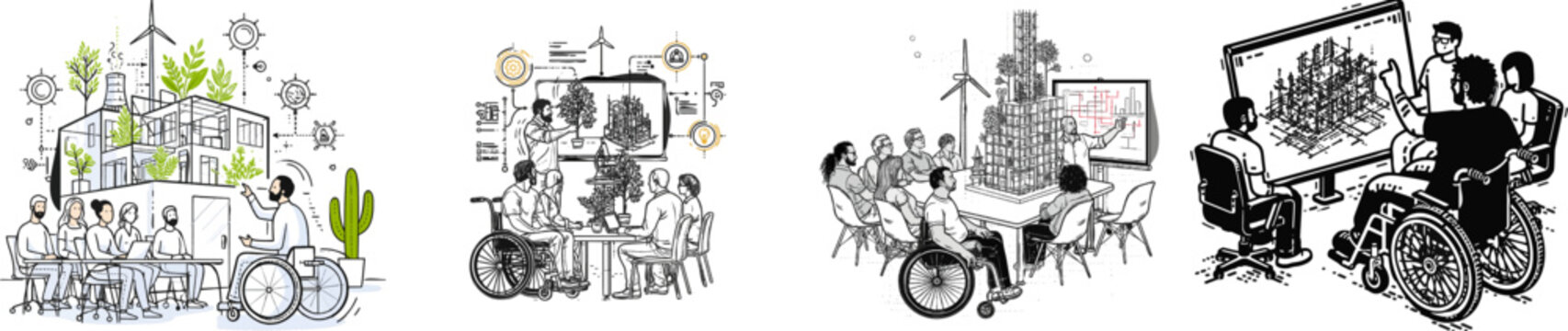 A highly detailed isometric vector illustration depicts an architect in a wheelchair giving a dynamic presentation of a complex sustainable building model to their diverse team in a modern conference