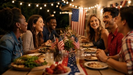 Fototapeta premium A diverse group of men and women share a meal and laughter at a long outdoor table decorated with American flags and string lights for a festive Independence Day celebration