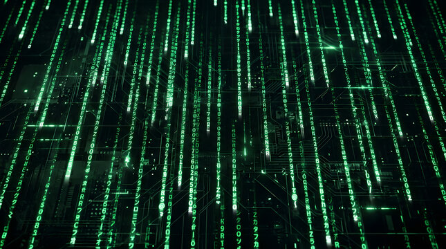 Digital Rain of Data: Cascading streams of glowing green binary code descend against a dark background, creating a mesmerizing visual representation of digital information and technology.