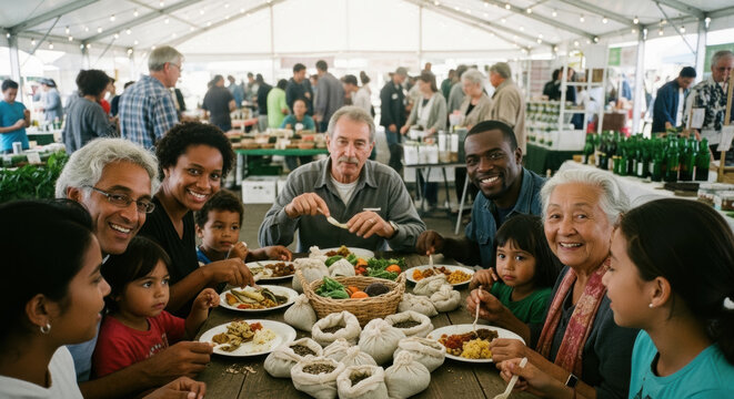 Joyful Diverse Community Sharing a Healthy Meal Together at an Outdoor Market Event