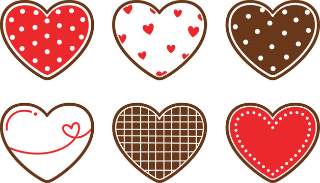 Valentine day gingerbread cookies vector set featuring heart shaped chocolate biscuits decorated with red and white icing patterns.