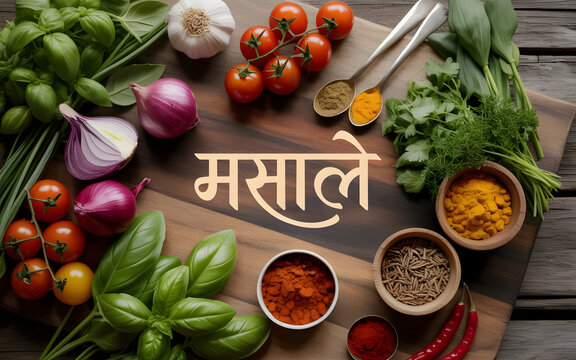 Rustic Flat Lay of Fresh Vegetables and Indian Spices with Hindi Text Masale, Cherry Tomatoes, Onions, Garlic and Herbs on Weathered Wooden Board in Natural Light Kitchen Scene