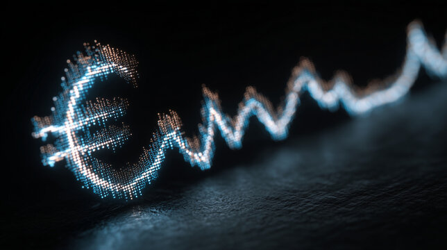 Glowing euro symbol formed from thousands of particle lights with undulating waveform over dark surface with soft bokeh