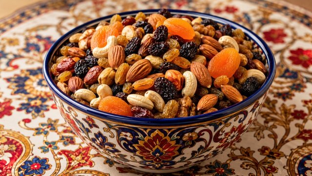 Bowl of mixed nuts and dried fruits on ornate tablecloth with intricate patterns.