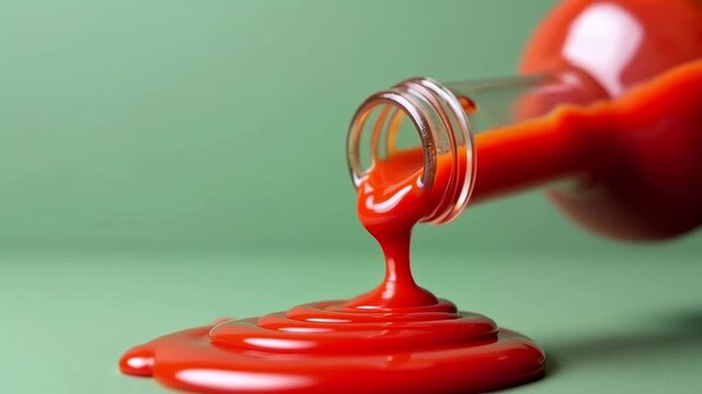 Red sauce bottle tipped over, pouring thick ketchup onto a green surface, creating a smooth puddle with drips and swirls visible in the flowing condiment