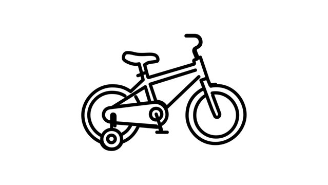 Minimalist bicycle with training wheels vector icon featuring an editable stroke for customized line weight. Perfect thin line illustration for kids cycling, sports, and recreational design.