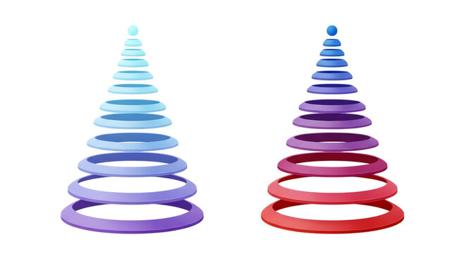 Two colorful gradient ring pyramids with blue and purple tones on the left and red and purple tones on the right isolated on a transparent background