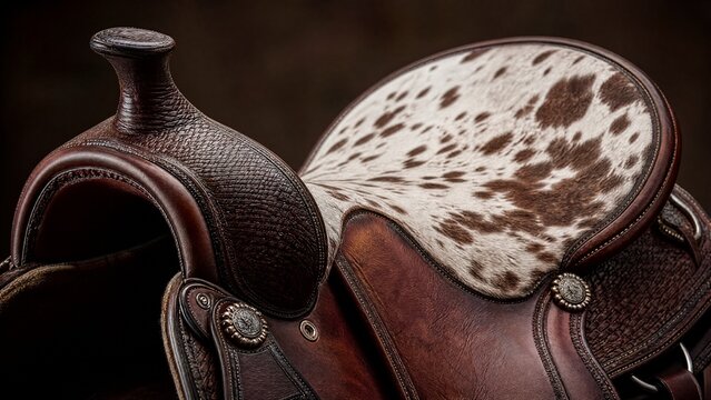 appaloosa. Close-up of a handcrafted leather saddle made from distinctive spotted horse hide. wildlife magazines, conservation campaigns, designed for wildlife conservation campaigns.