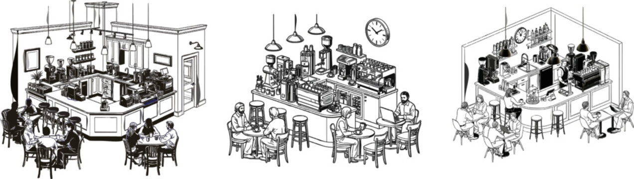 A modern coffee shop interior features a detailed isometric vector line art view with customers at tables, a barista station, and specific cafe equipment like grinders and machines against a pure
