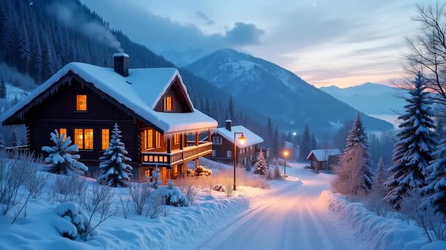 Snow-covered mountain landscape featuring cozy wooden chalets illuminated at dusk along a winding road surrounded by tall evergreen trees and majestic mountains in the background
