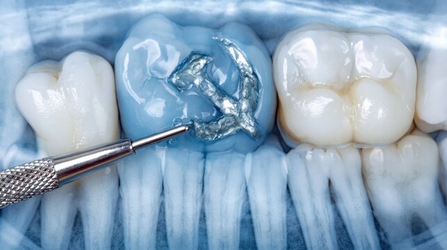 Close-up Dental X-ray Showing Tooth Restoration Procedure with Filling Instrument and Amalgam Filling