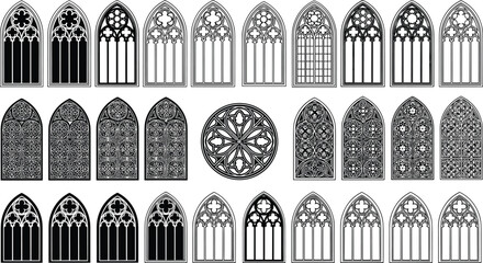 Collection of Gothic window tracery icons including pointed arches, rose window, geometric and floral motifs – black and white vector illustration set © MD AMINUR