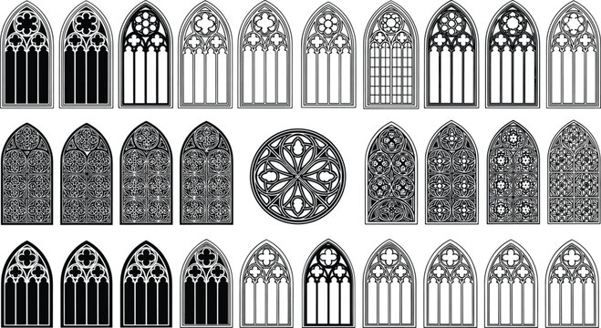 Collection of Gothic window tracery icons including pointed arches, rose window, geometric and floral motifs &ndash; black and white vector illustration set