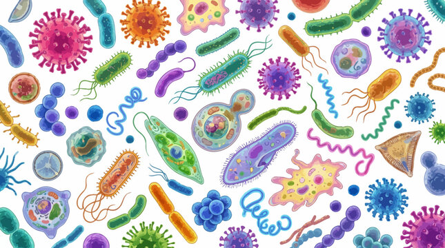 A premium scientific illustration featuring various microorganisms in a detailed microscopic view.