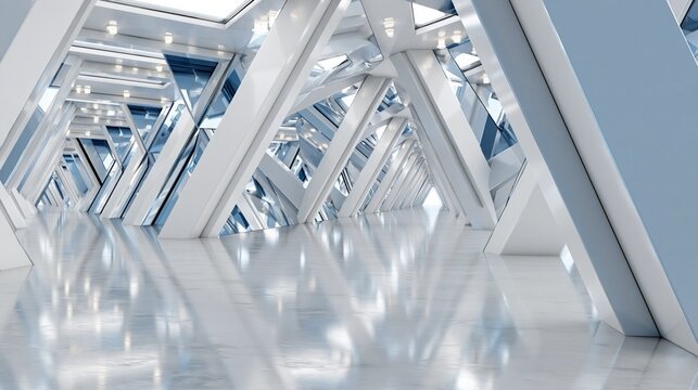Futuristic Abstract Architectural Hallway with Geometric Triangles and Reflective Floors