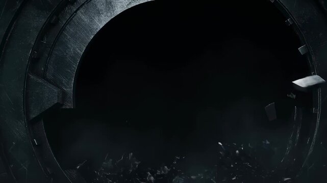 Metallic door closing with dramatic dust effect in mysterious dark setting