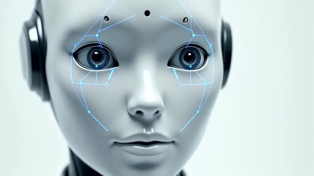 Futuristic humanoid robot with blue facial recognition patterns and large expressive eyes, showcasing advanced technology in a minimalistic white environment