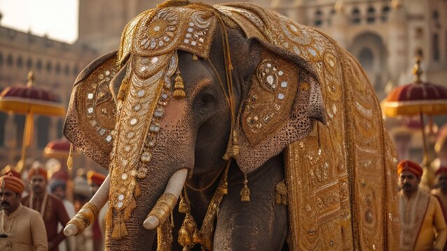 procession. Elephant in procession covered in ornate golden embroidery, front three-quarter view. wildlife magazines, conservation campaigns, designed for wildlife conservation campaigns.
