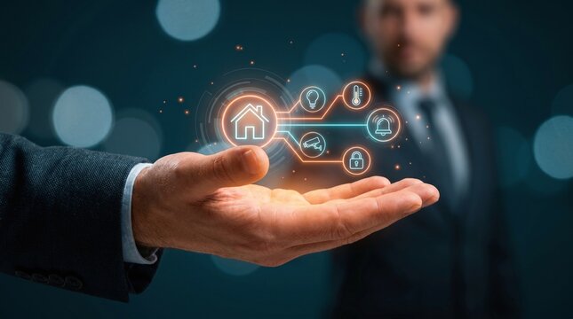 Businessman's open palm displays glowing smart home interface with icons