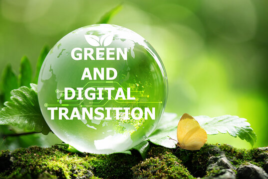 Green and Digital Transition text on glass globeand icons on natural background.