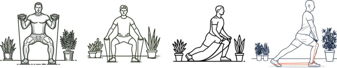 Fototapeta premium A muscular individual is engaged in a functional training exercise using resistance bands in a home gym setting adorned with potted plants, all set against a pristine white background