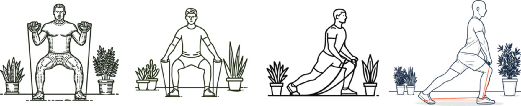 A muscular individual is engaged in a functional training exercise using resistance bands in a home gym setting adorned with potted plants, all set against a pristine white background