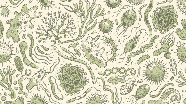 Microbiology pattern features various microbes and cells in a detailed design on a surface