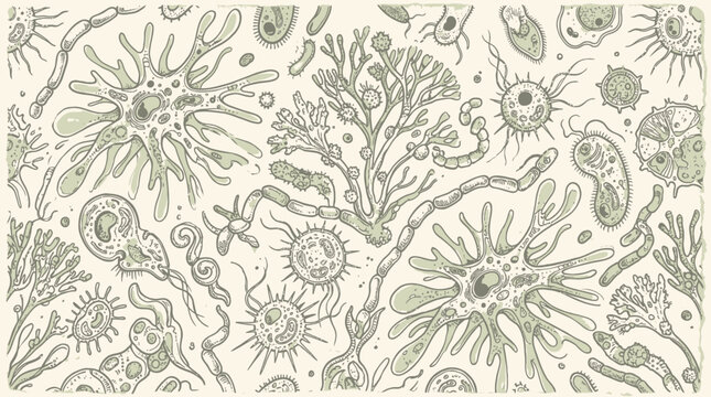 Microbiology pattern illustration features various microbe and cell structures.