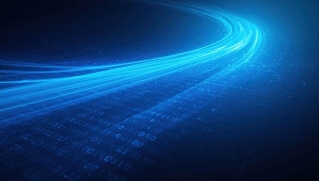 Bright blue light trails with digital data binary code flowing fast through a dark abstract cyberspace background