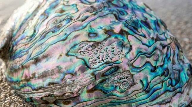 Close-up of iridescent abalone shell interior showcasing swirling patterns and vibrant colors