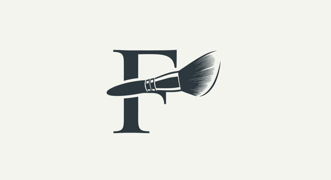 Elegant letter F with makeup brush, beauty logo, retro style, vintage design