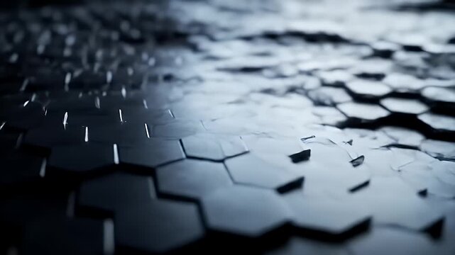 A close-up, shallow depth of field view of a dark, textured surface composed of interlocking hexagonal shapes.