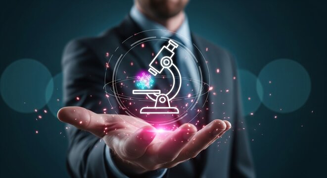 Person in suit holds digital microscope with virus icon and glowing particles