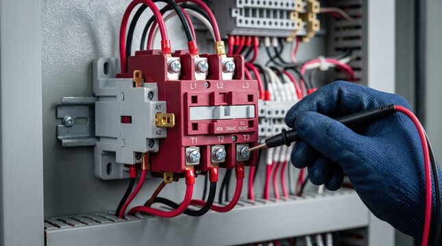 Technician testing electrical contactor relay in control panel. Close up of industrial power distribution wiring. Electrical maintenance and diagnostic service