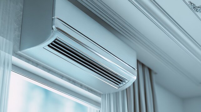 Modern silver wall mounted air conditioning unit in a luxury interior. Close up of a split system climate control appliance at home. Residential cooling and ventilation technology
