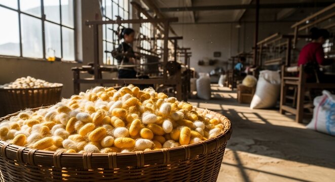Golden corn kernels in a wicker basket at an agricultural facility