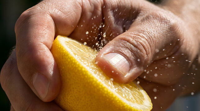 Close-up of hands squeezing fresh lemon juice with droplets spraying