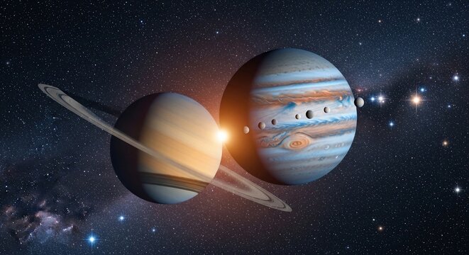 Jupiter and Saturn planets in space with stars and rings