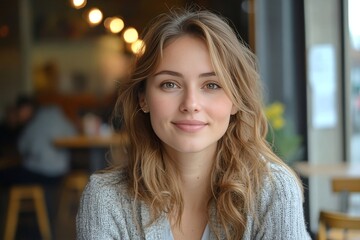 Obraz premium Portrait of a beautiful smiling young woman looking at the camera while sitting in a bright modern coffee shop