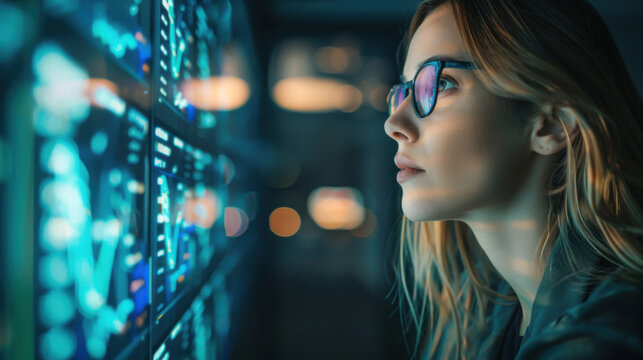 Focused Female Cybersecurity Analyst Analyzing Data on Screen