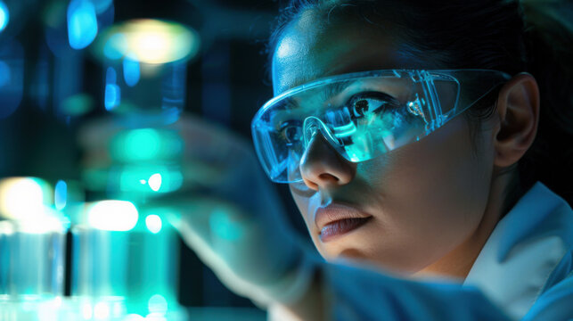 Female Scientist in Safety Glasses Focused on Laboratory Experiment