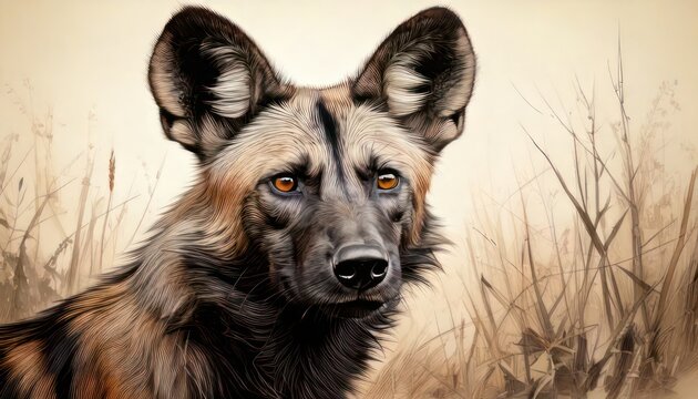 Close-up portrait of an African wild dog with large ears and distinctive markings in a dry grassy field.