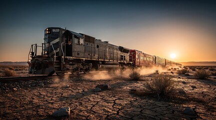 Fototapeta premium A weathered vintage train traveling across a cracked desert landscape at sunset.
