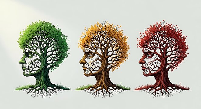 An illustration of three human heads made of trees in different seasons.