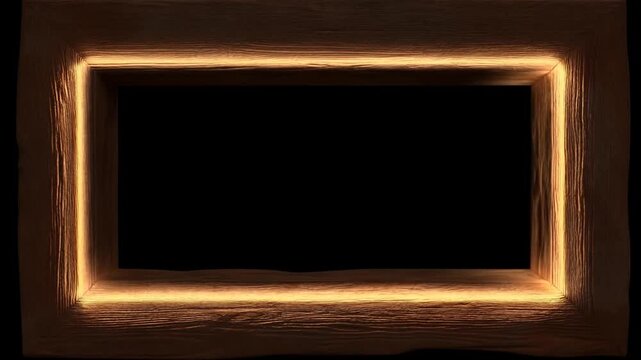 Panning slow motion of illuminated wooden picture frames sliding horizontally across black studio backdrop with warm golden inner glow