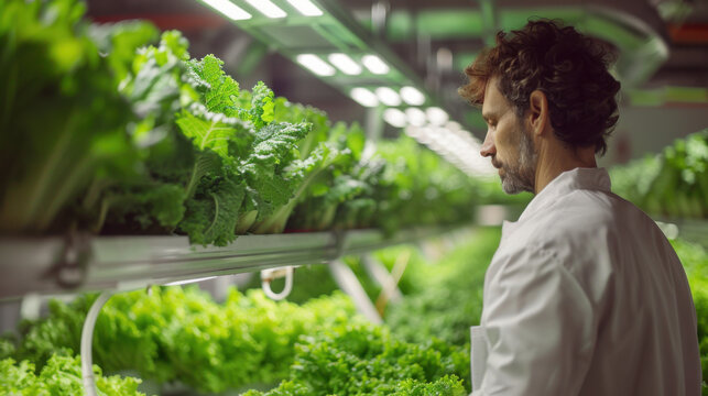 Indoor Vertical Farm with LED Grow Lights in Futuristic Setting