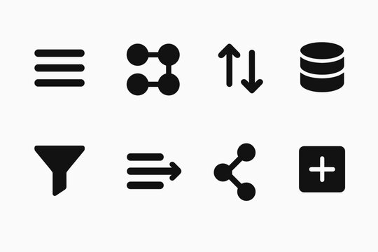 Data Flow Icons. Data processing flow. Filled icon set of Data processing flow: input stream, processing nodes